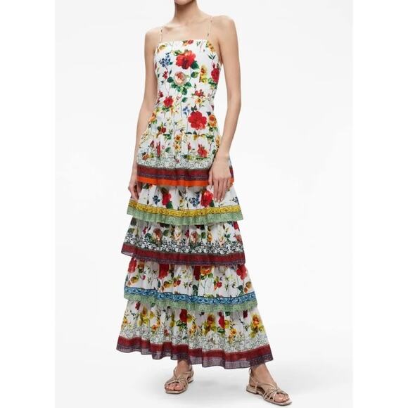 Alice + Olivia Valencia Floral Print Cotton Tiered Maxi Dress Size 0 - Picture 1 of 16